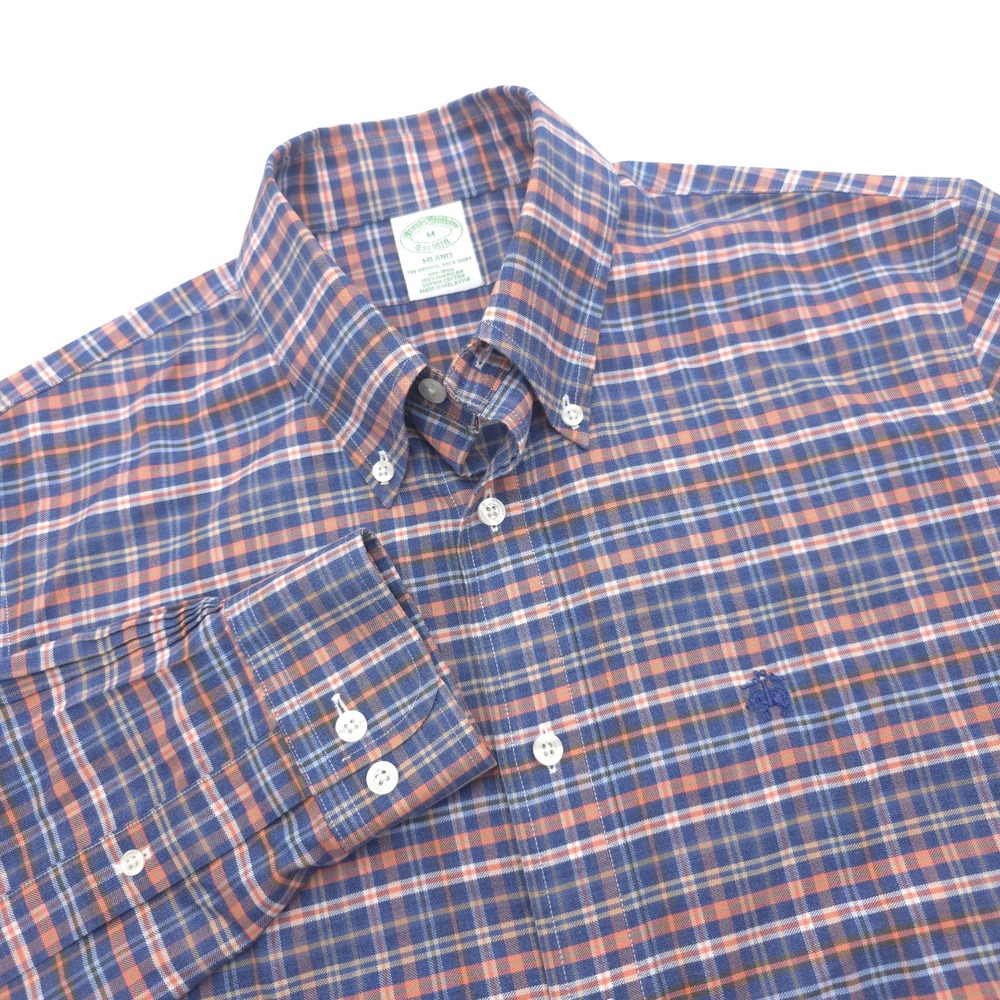 Brooks Brothers Milano Shirt Men M Blue Orange Plaid Supima Cotton Non-Iron Logo